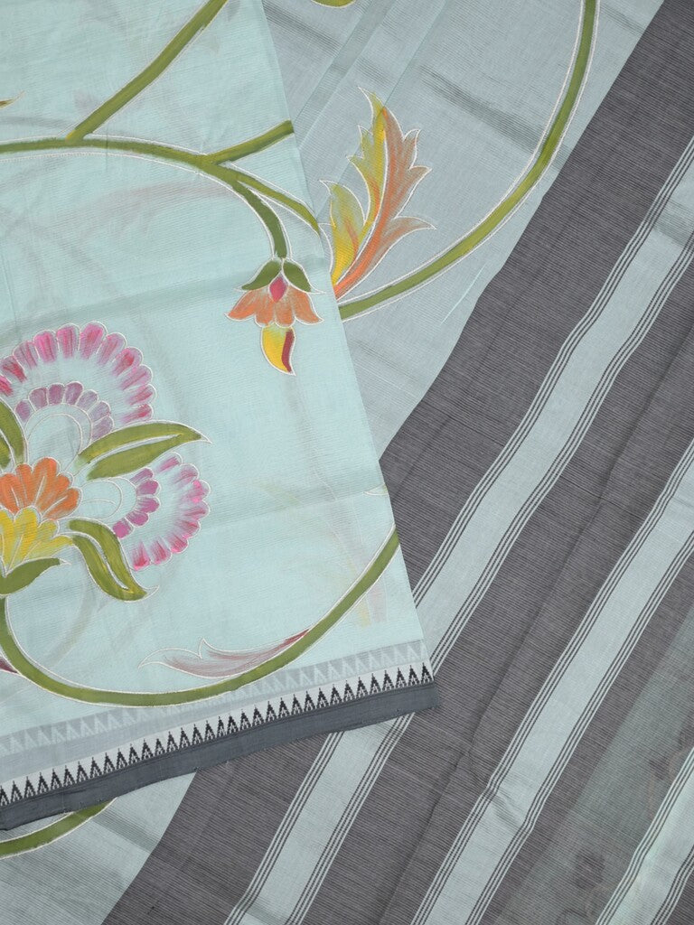 Mangalagiri pattu saree in pastel blue color allover prints and temple border with contrast plain blouse