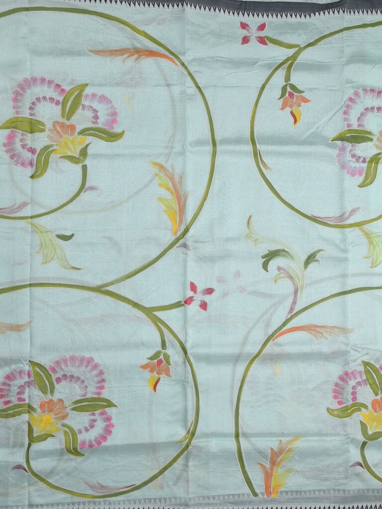 Mangalagiri pattu saree in pastel blue color allover prints and temple border with contrast plain blouse