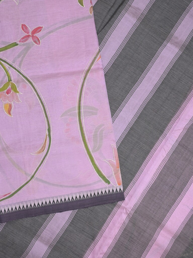 Mangalagiri pattu saree in purple color allover prints and temple border with contrast plain blouse