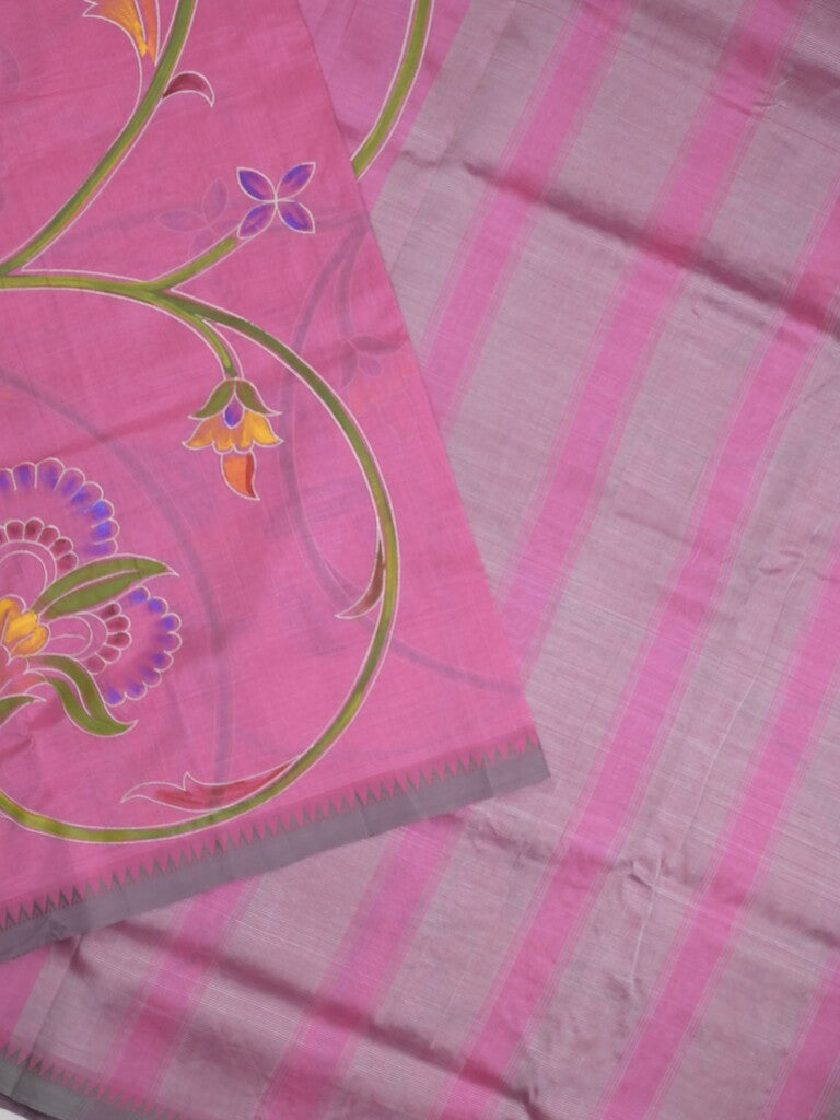 Mangalagiri pattu saree in pink color allover prints and temple border with plain blouse