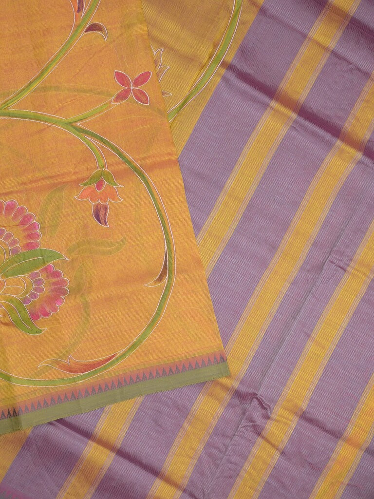 Mangalagiri pattu saree in golden yellow color allover prints and temple border with plain blouse