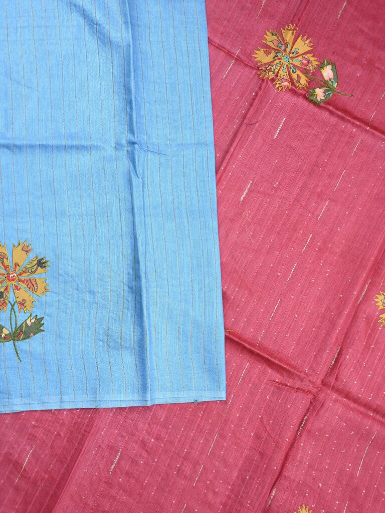 Bhagalpur fancy saree sky blue color allover stripes with contrast pallu and attached blouse