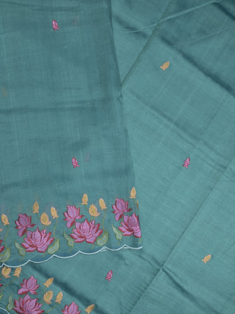 Mangalagiri fancy saree in dark green color allover embroidery and cutwork border with plain blouse