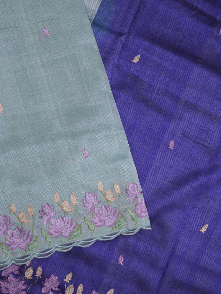 Mangalagiri fancy saree in light blue color allover embroidery and cutwork border with plain blouse
