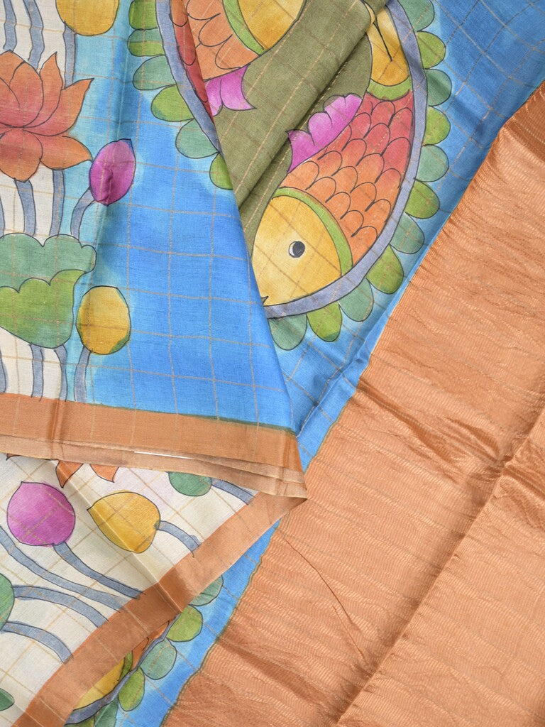 Pure tussar fancy saree grey & white color allover prints & big contrast border with contrast pallu and plain blouse