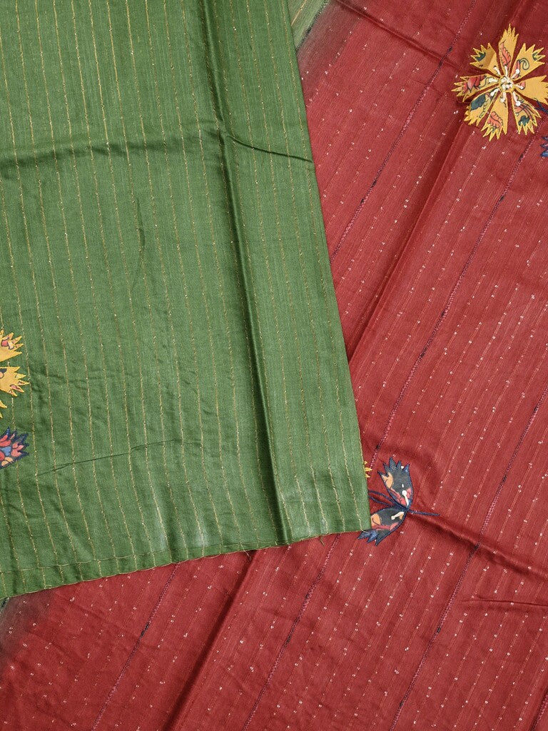 Bhagalpur fancy saree olive green color allover stripes with contrast pallu and attached blouse