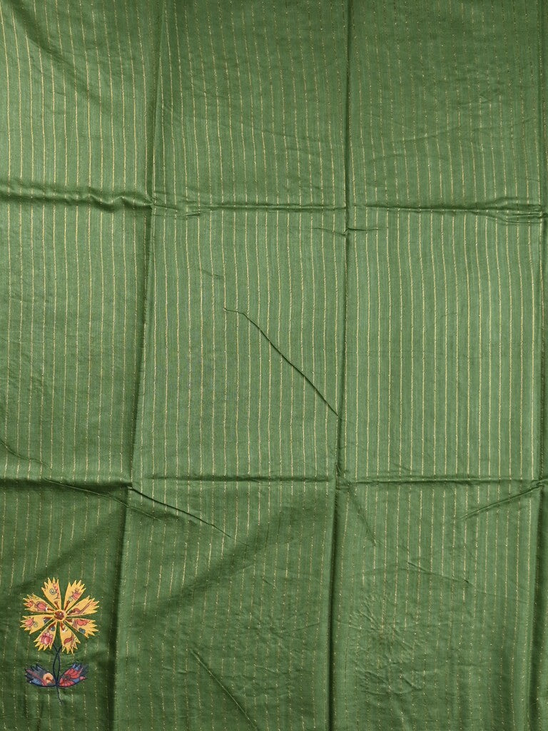 Bhagalpur fancy saree olive green color allover stripes with contrast pallu and attached blouse