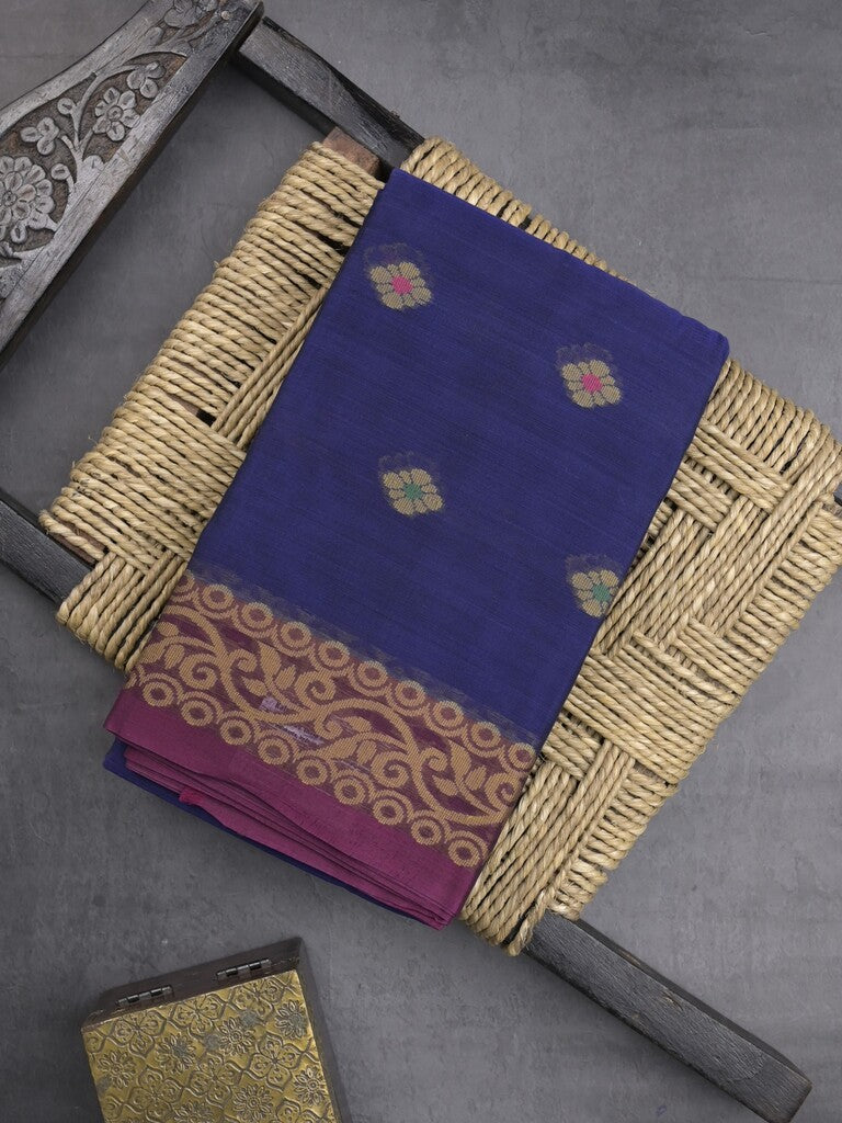Dhaka cotton saree in navy blue color allover motifs with contrast pallu and attached blouse