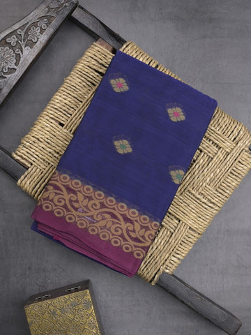 Dhaka cotton saree in navy blue color allover motifs with contrast pallu and attached blouse