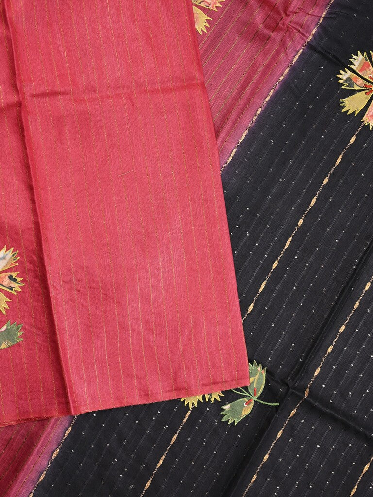 Bhagalpur fancy saree dark pink color allover stripes with contrast pallu and attached blouse