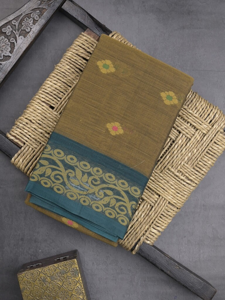 Dhaka cotton saree in snuff color allover motifs with contrast pallu and attached blouse