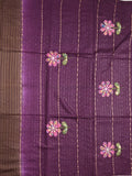 Bhagalpur fancy saree dark brown color allover stripes with contrast pallu and attached blouse