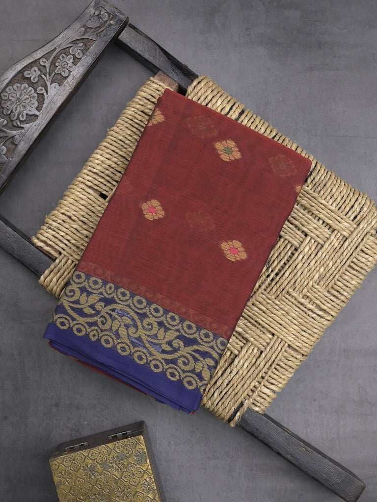 Dhaka cotton saree in maroon color allover motifs with contrast pallu and attached blouse