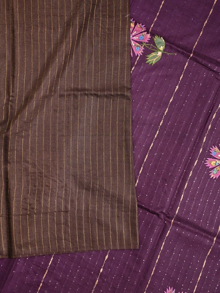Bhagalpur fancy saree dark brown color allover stripes with contrast pallu and attached blouse