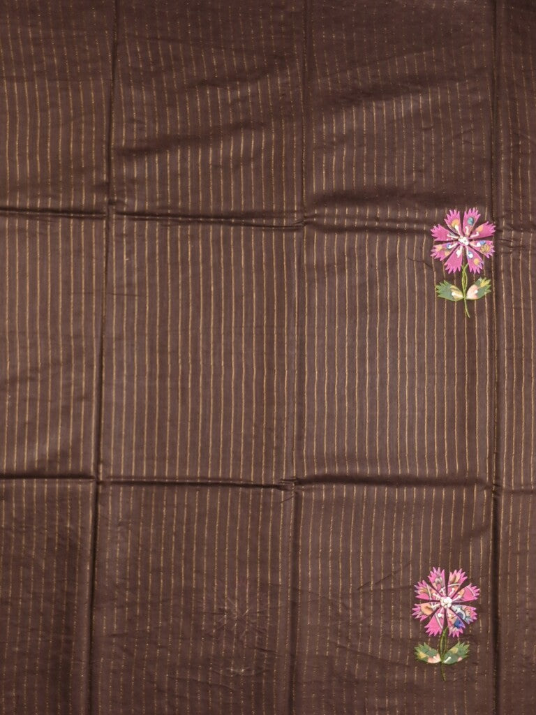 Bhagalpur fancy saree dark brown color allover stripes with contrast pallu and attached blouse