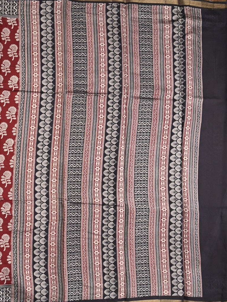 Maheshwari fancy saree maroon color allover prints & printed zari border with contrast pallu and attached blouse
