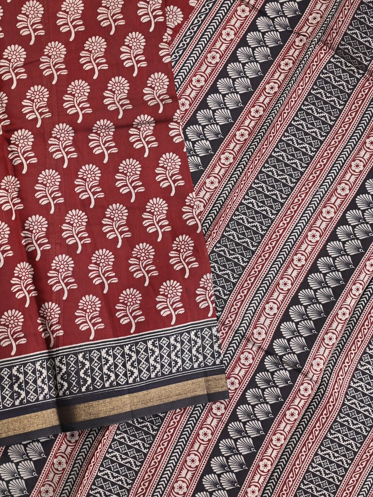 Maheshwari fancy saree maroon color allover prints & printed zari border with contrast pallu and attached blouse