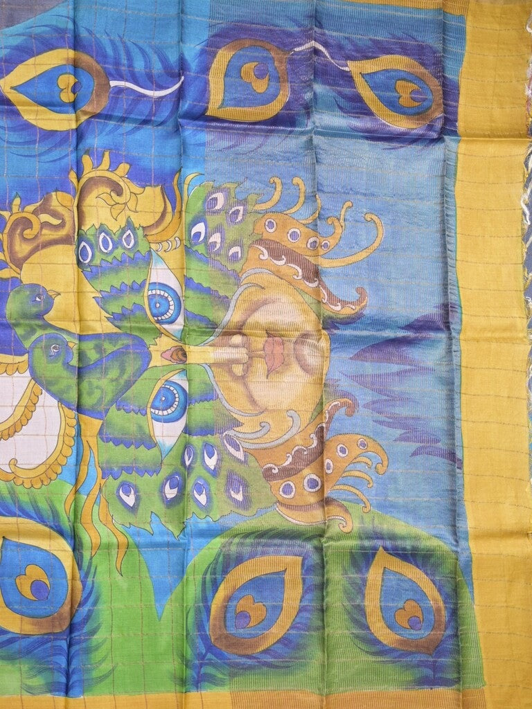 Pure tussar fancy saree parrot green color allover prints & big contrast border with contrast pallu and plain blouse