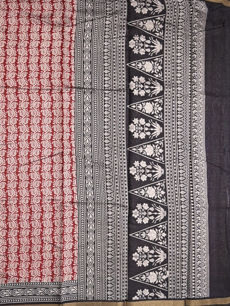 Maheshwari fancy saree maroon color allover prints & printed zari border with contrast pallu and attached blouse