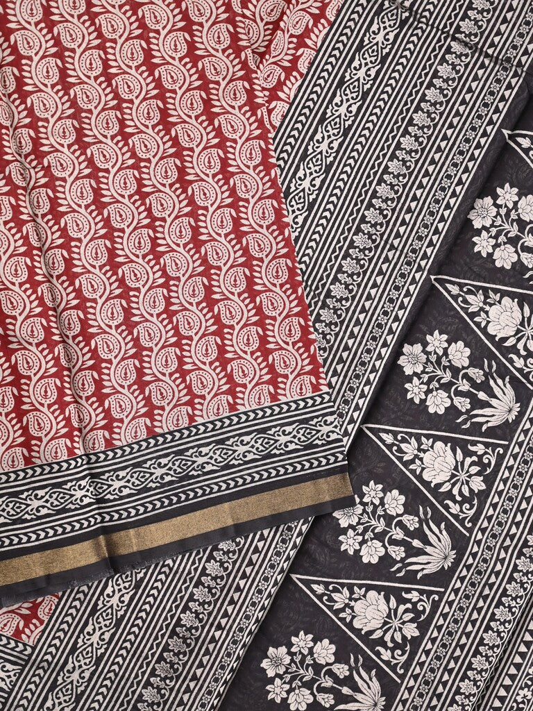 Maheshwari fancy saree maroon color allover prints & printed zari border with contrast pallu and attached blouse