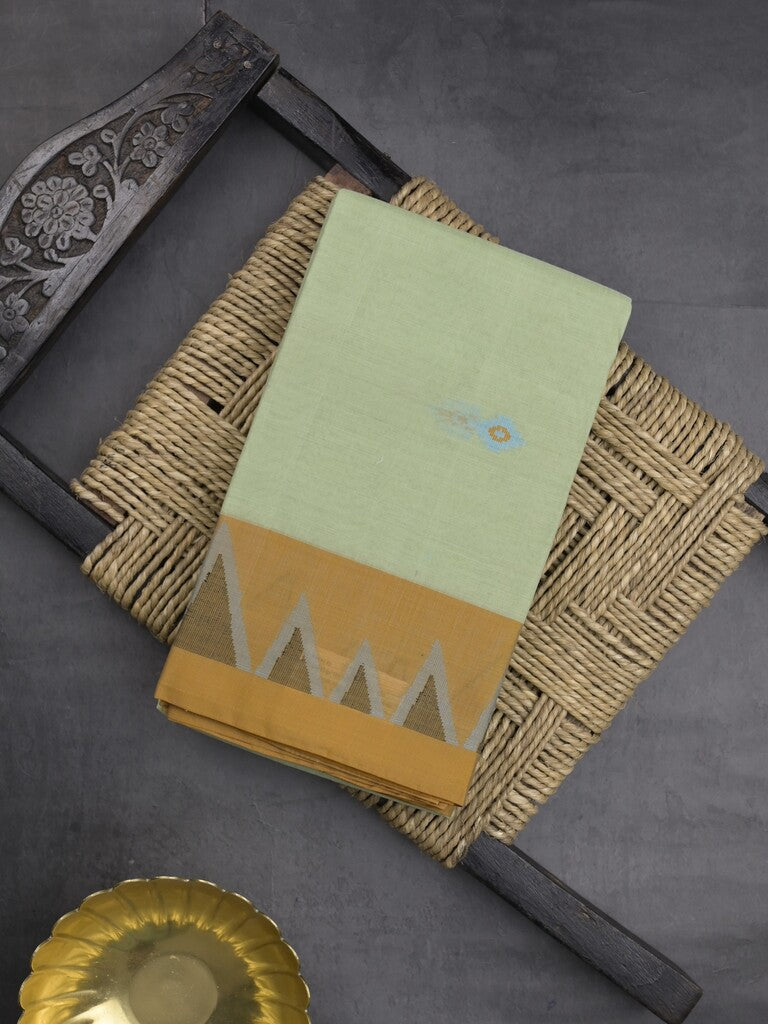 Dhaka cotton saree in pastel green color allover motifs with contrast pallu