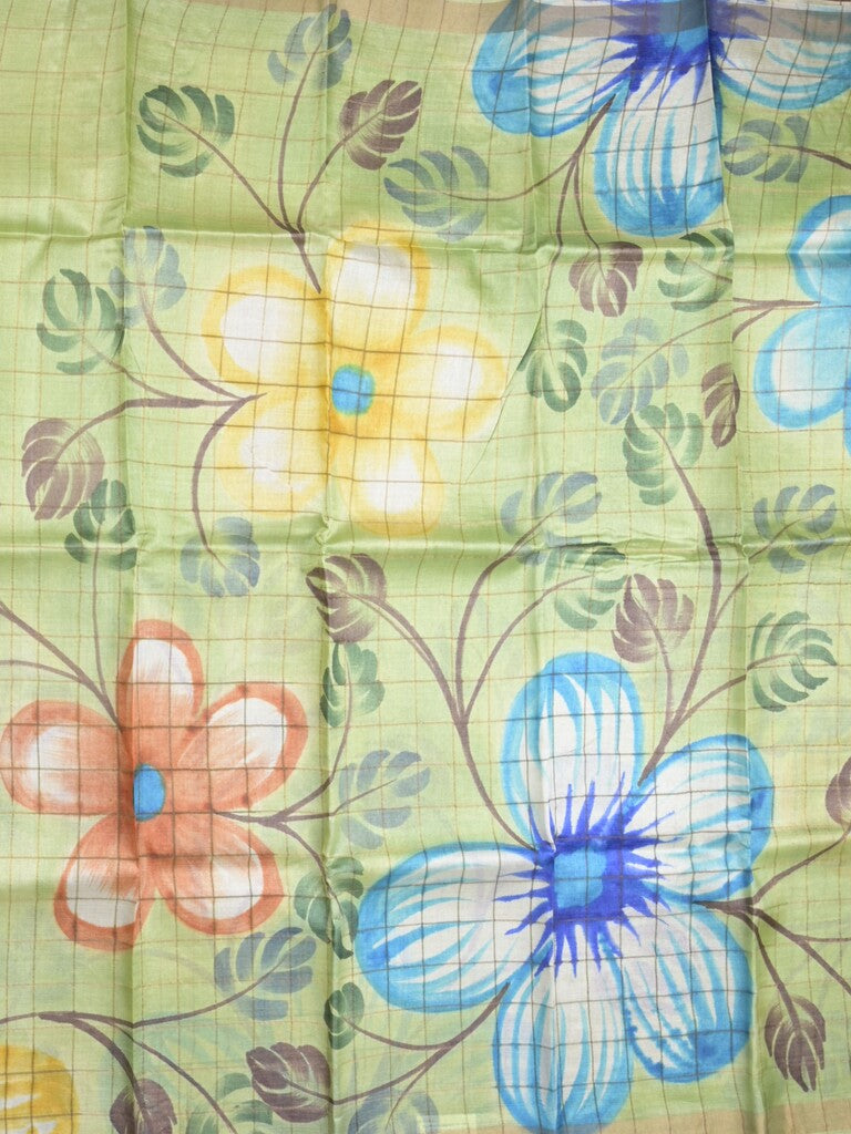 Pure tussar fancy saree pastel green color allover prints & big contrast border with contrast pallu and plain blouse