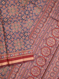 Maheshwari fancy saree navy blue color allover prints & printed zari border with contrast pallu and attached blouse