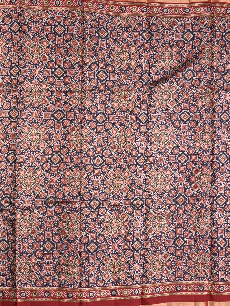 Maheshwari fancy saree navy blue color allover prints & printed zari border with contrast pallu and attached blouse