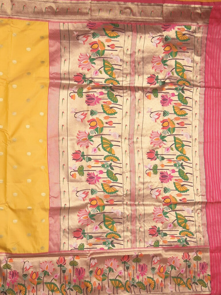 Banaras pattu saree golden yellow color allover zari motifs & paithani border with paithani pallu and contrast blouse