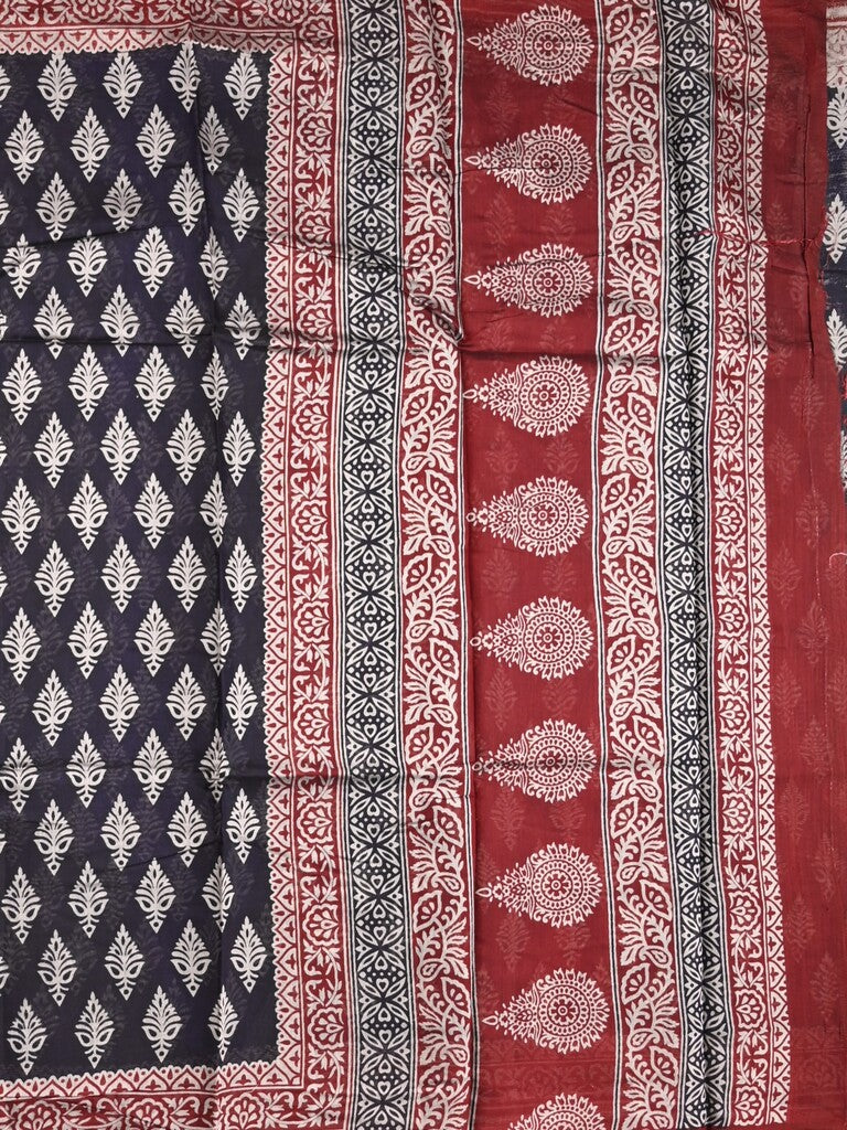 Maheshwari fancy saree black color allover prints & printed zari border with contrast pallu and attached blouse