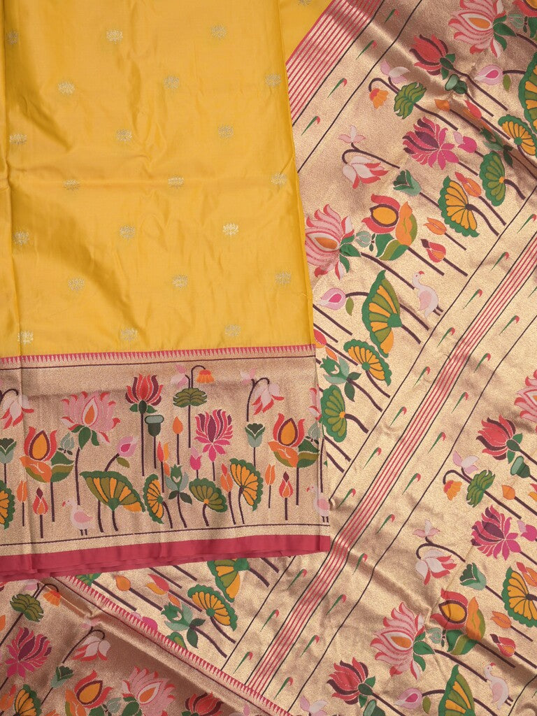 Banaras pattu saree golden yellow color allover zari motifs & paithani border with paithani pallu and contrast blouse