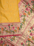 Banaras pattu saree golden yellow color allover zari motifs & paithani border with paithani pallu and contrast blouse