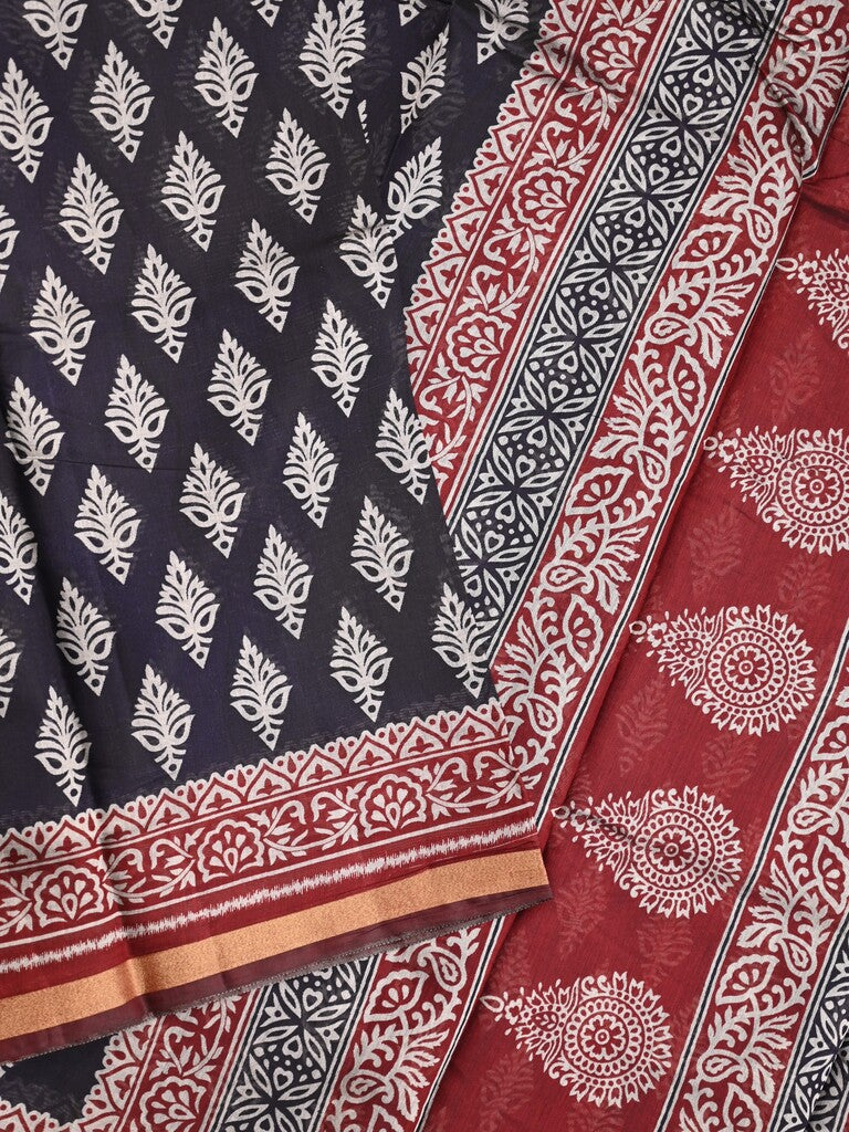 Maheshwari fancy saree black color allover prints & printed zari border with contrast pallu and attached blouse