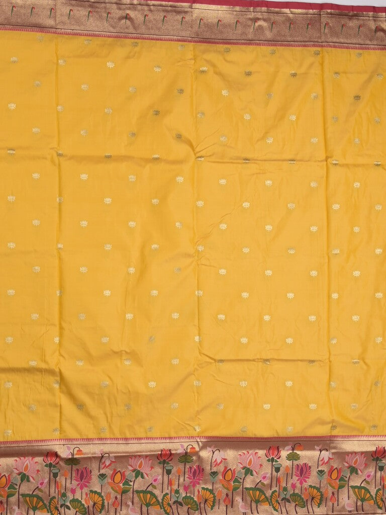 Banaras pattu saree golden yellow color allover zari motifs & paithani border with paithani pallu and contrast blouse