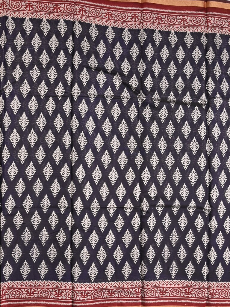 Maheshwari fancy saree black color allover prints & printed zari border with contrast pallu and attached blouse