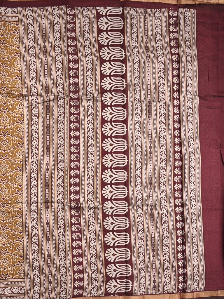 Maheshwari fancy saree mustard yellow color allover prints & printed zari border with contrast pallu and attached blouse