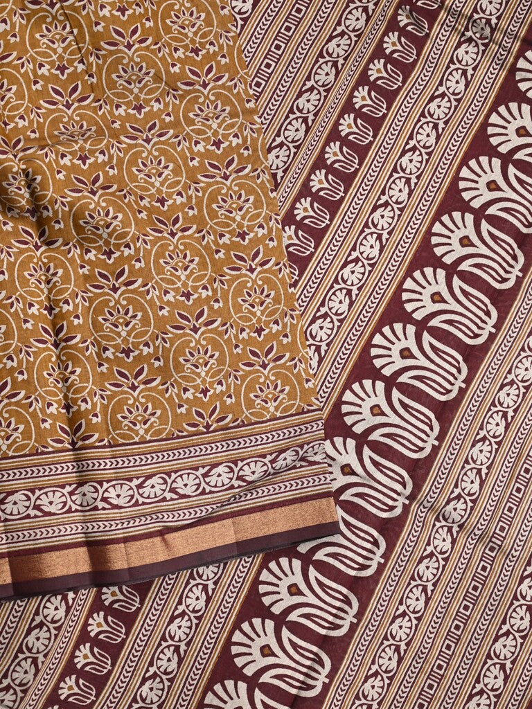 Maheshwari fancy saree mustard yellow color allover prints & printed zari border with contrast pallu and attached blouse