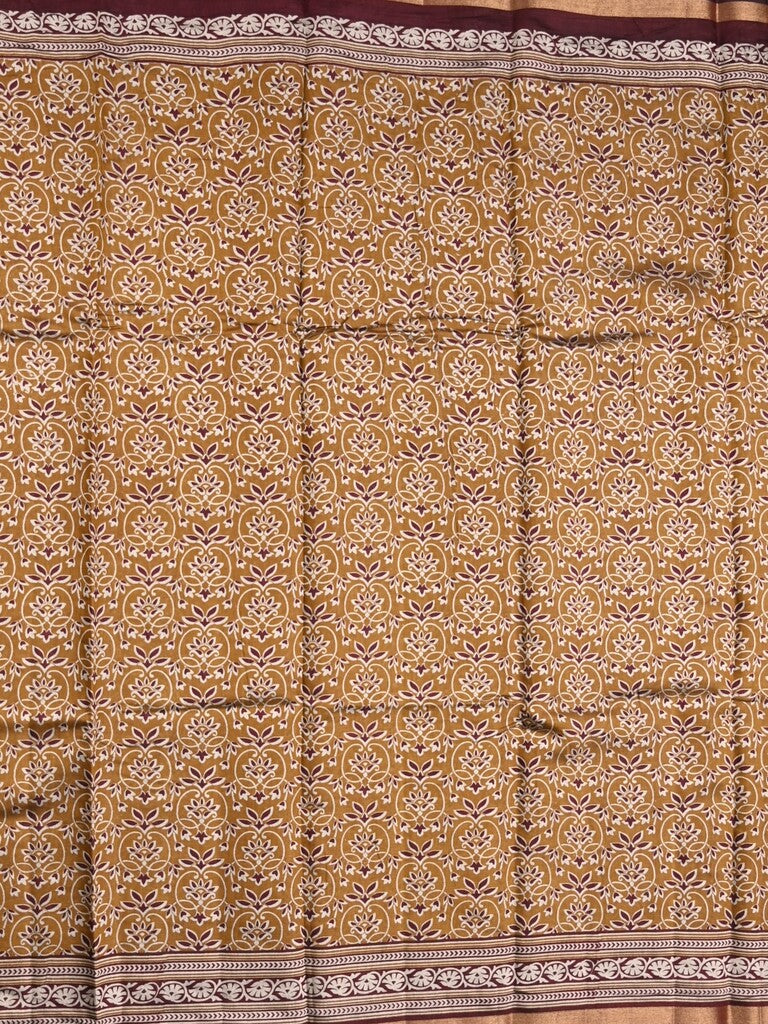 Maheshwari fancy saree mustard yellow color allover prints & printed zari border with contrast pallu and attached blouse