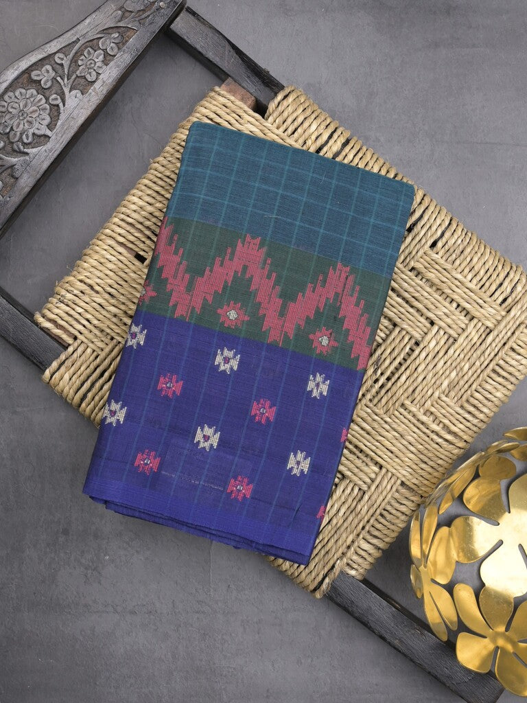 Dhaka cotton saree in peacock blue color allover checks with contrast pallu