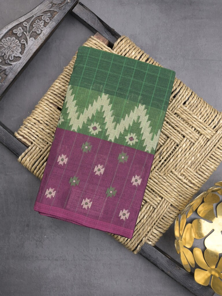 Dhaka cotton saree in dark green color allover checks with contrast pallu