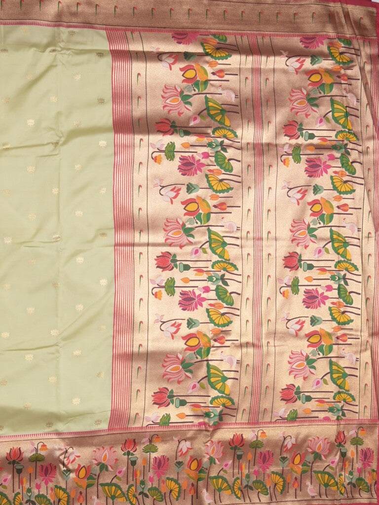 Banaras pattu saree cream color allover zari motifs & paithani border with paithani pallu and contrast blouse