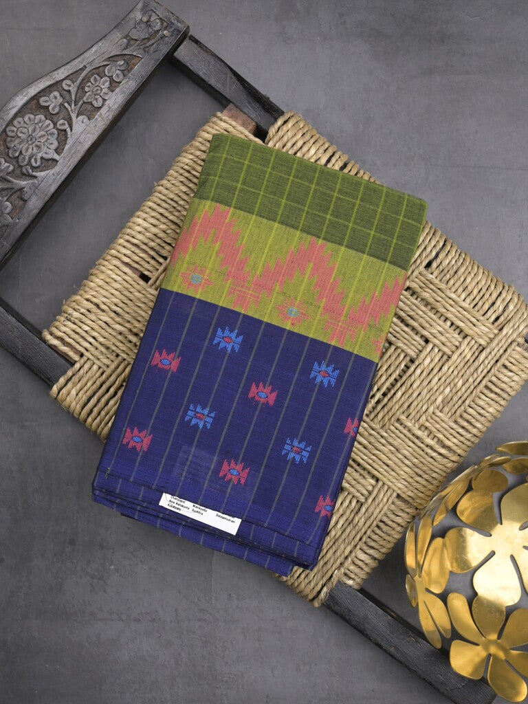 Dhaka cotton saree in bottle green color allover checks with contrast pallu