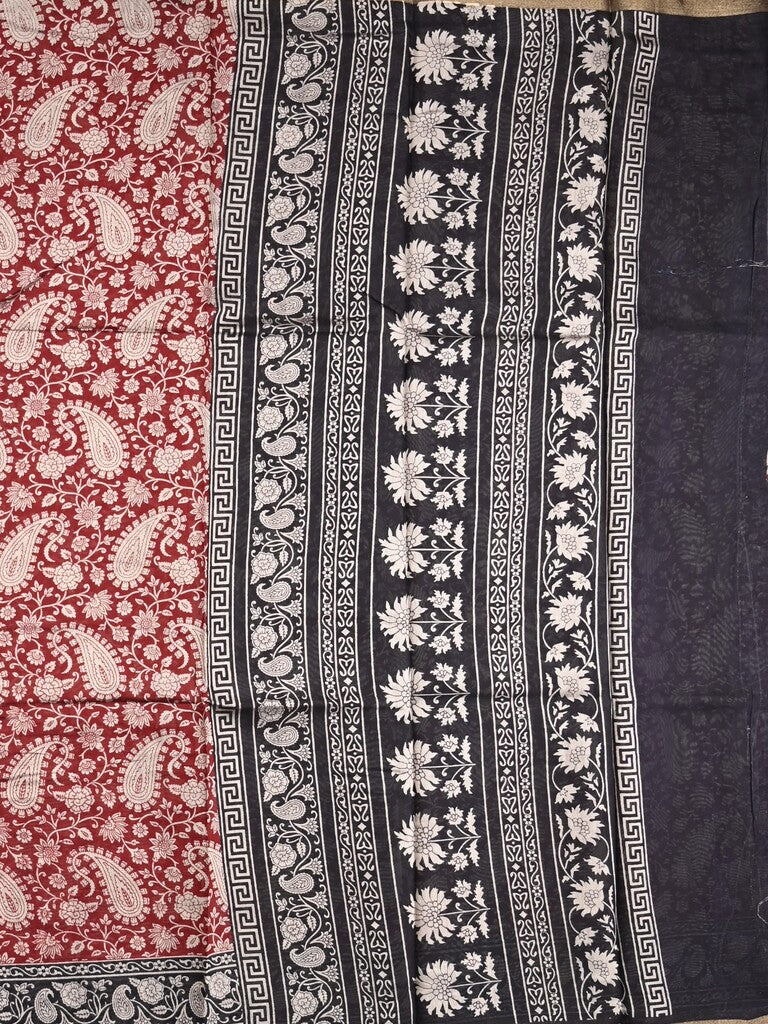 Maheshwari fancy saree red color allover prints & printed zari border with contrast pallu and attached blouse