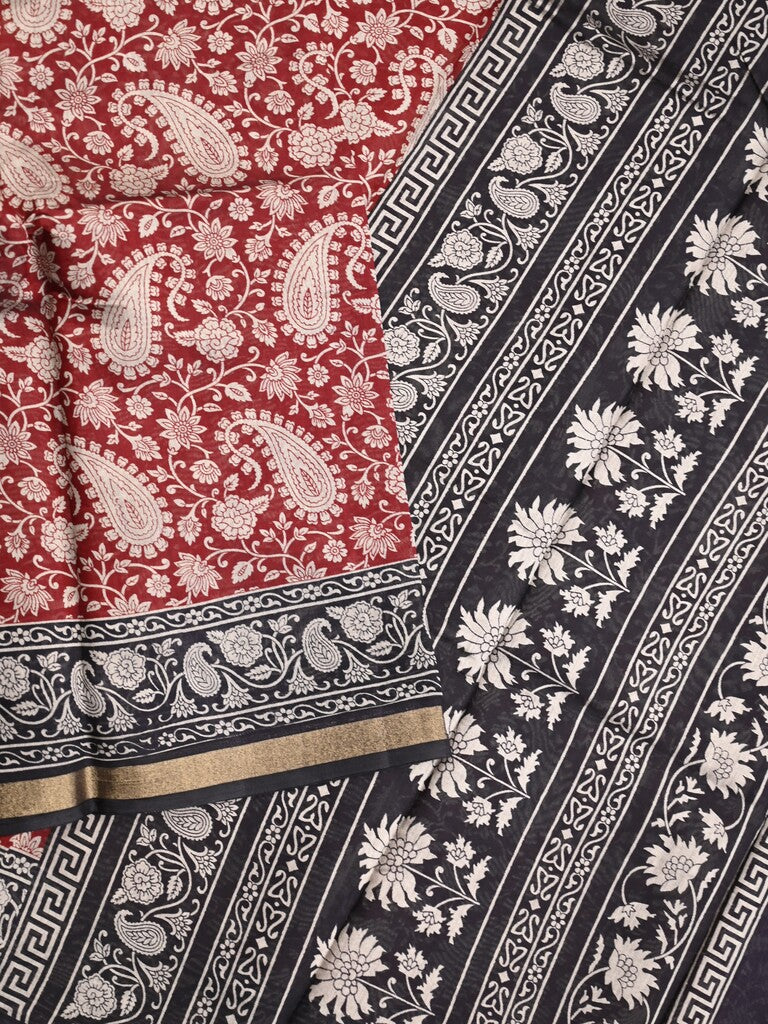 Maheshwari fancy saree red color allover prints & printed zari border with contrast pallu and attached blouse
