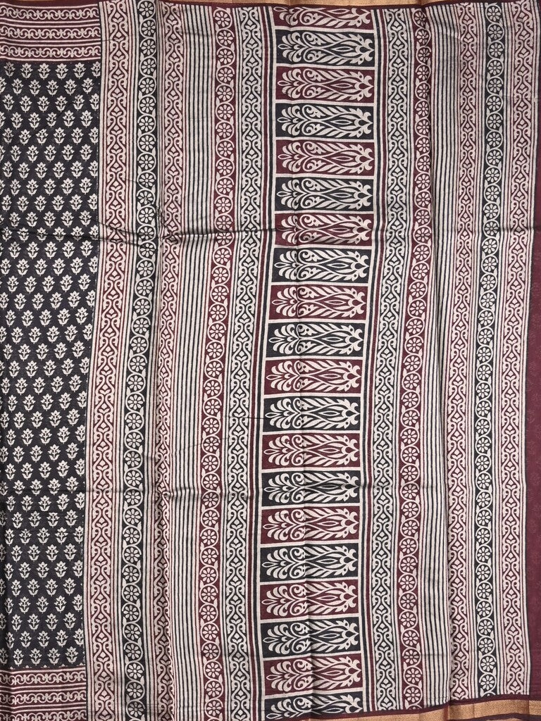 Maheshwari fancy saree black color allover prints & printed zari border with contrast pallu and attached blouse