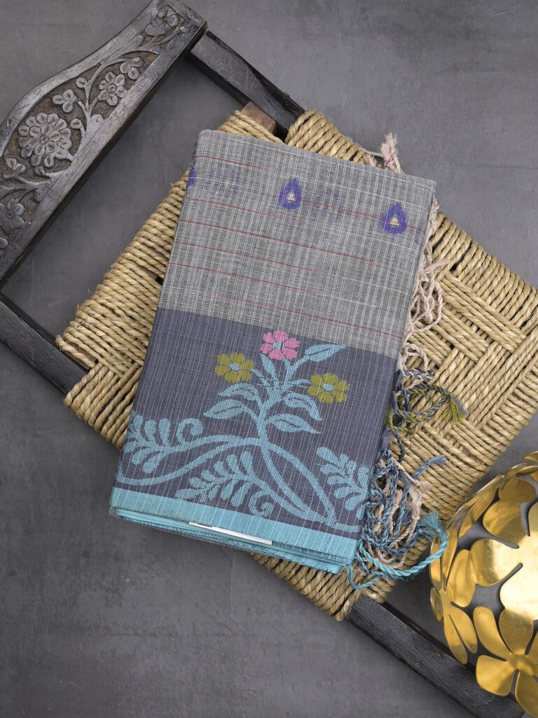 Dhaka cotton saree in grey color allover motifs with contrast pallu