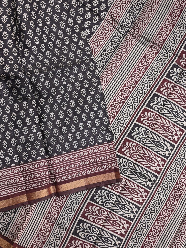 Maheshwari fancy saree black color allover prints & printed zari border with contrast pallu and attached blouse