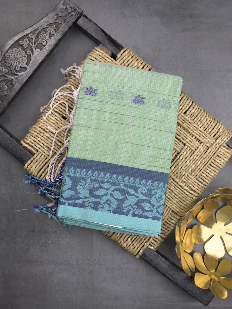 Dhaka cotton saree in light green color allover motifs with contrast pallu
