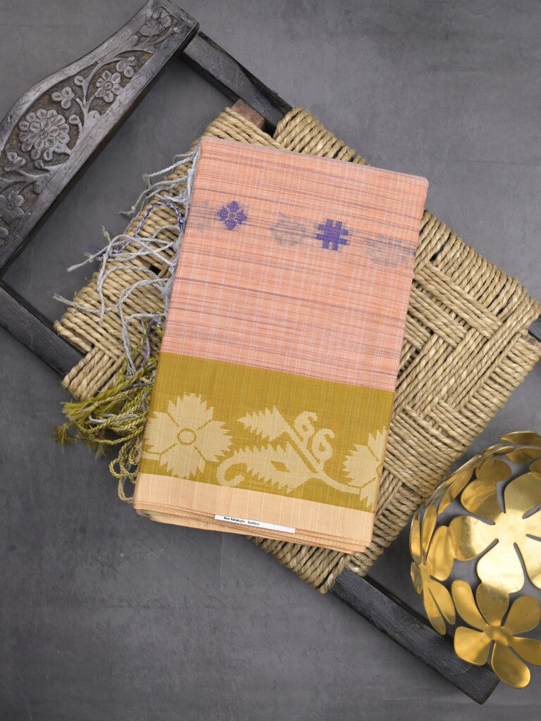 Dhaka cotton saree in light pink color allover motifs with contrast pallu