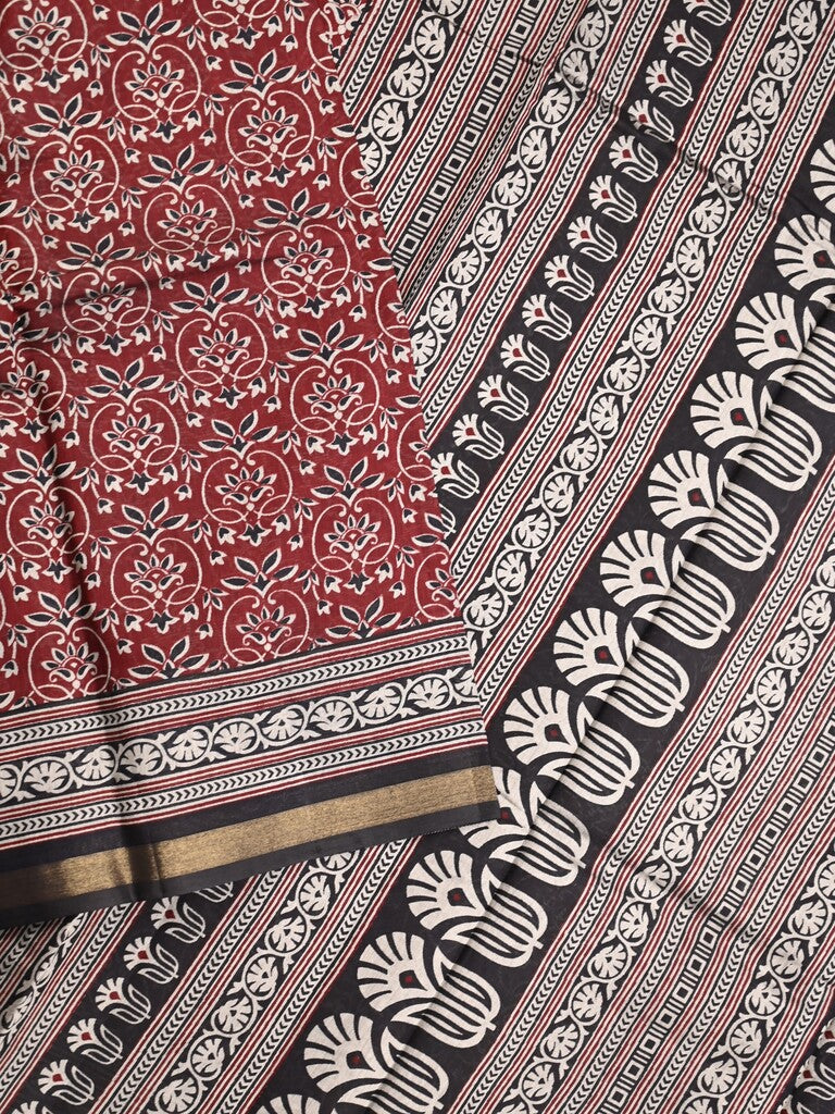 Maheshwari fancy saree red color allover prints & printed zari border with contrast pallu and attached blouse